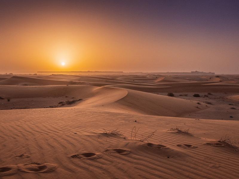 Golden desert dunes at sunset